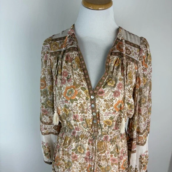 Spell Juniper Playdress Floral Boho Long Sleeve Dress Cream Size S